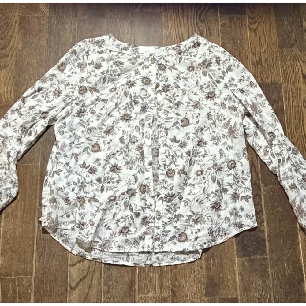 J Jill Small Top Button Down Floral Cream Floral Whimsical Rustic Sheer